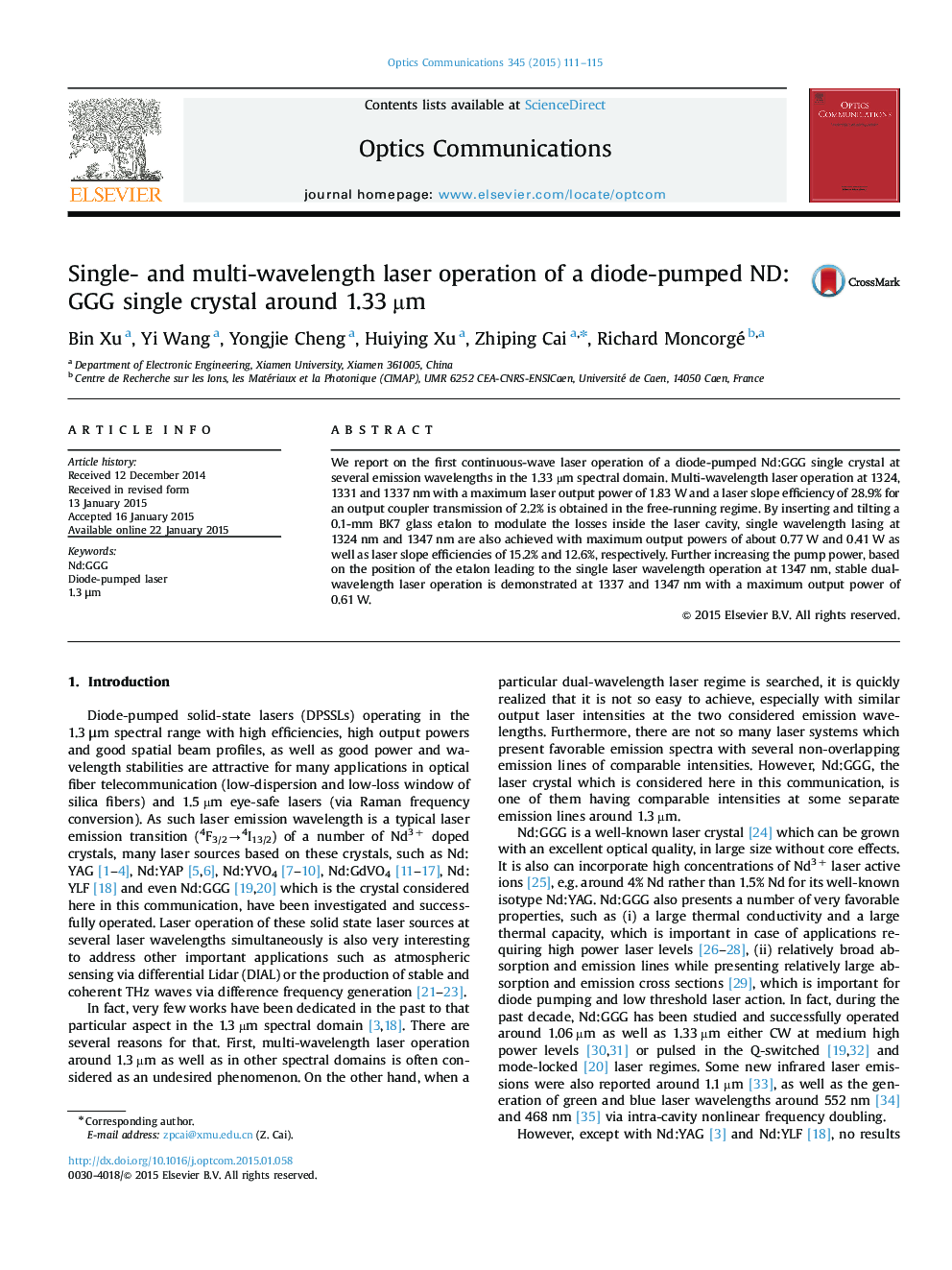 Single- and multi-wavelength laser operation of a diode-pumped ND:GGG single crystal around 1.33Â Âµm