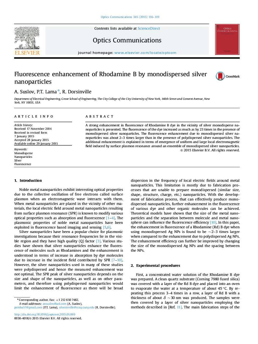Fluorescence enhancement of Rhodamine B by monodispersed silver nanoparticles