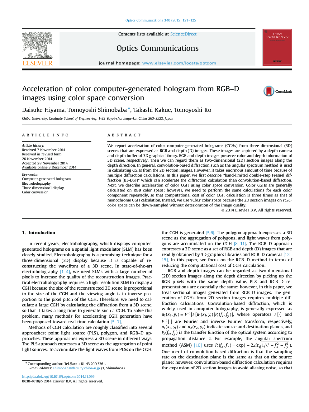 Acceleration of color computer-generated hologram from RGB-D images using color space conversion