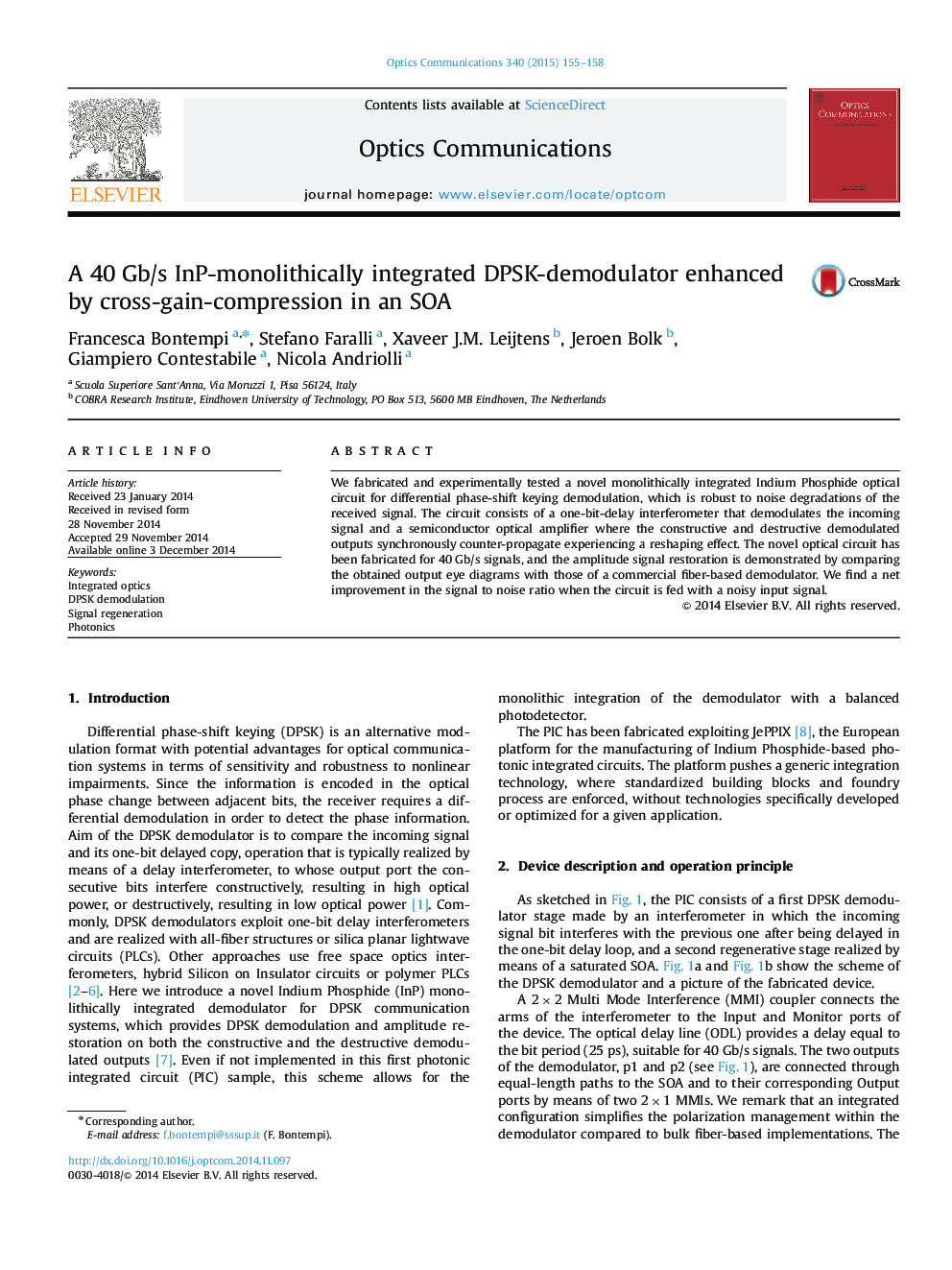 A 40 Gb/s InP-monolithically integrated DPSK-demodulator enhanced by cross-gain-compression in an SOA