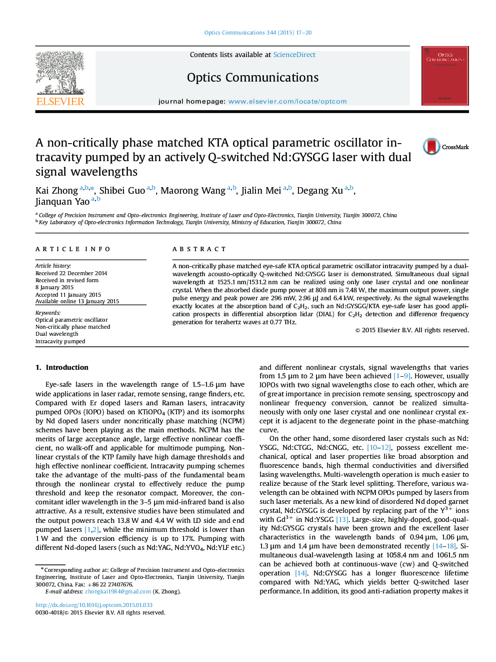 A non-critically phase matched KTA optical parametric oscillator intracavity pumped by an actively Q-switched Nd:GYSGG laser with dual signal wavelengths