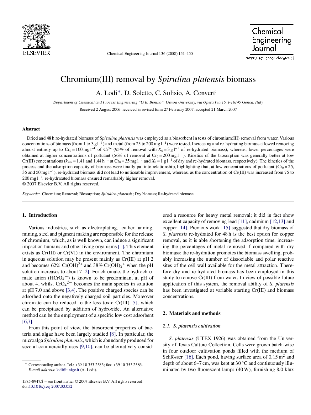 Chromium(III) removal by Spirulina platensis biomass