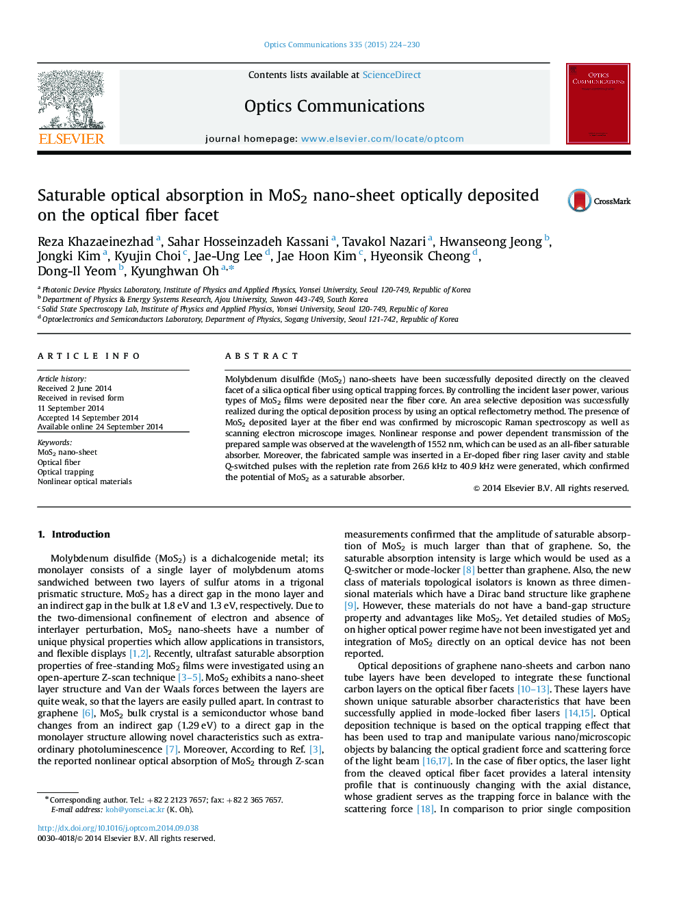 عکس صفحه اول مقاله: Saturable optical absorption in MoS2 nano-sheet optically deposited on the optical fiber facet Saturable optical absorption in MoS2 nano-sheet optically deposited on the optical fiber facet