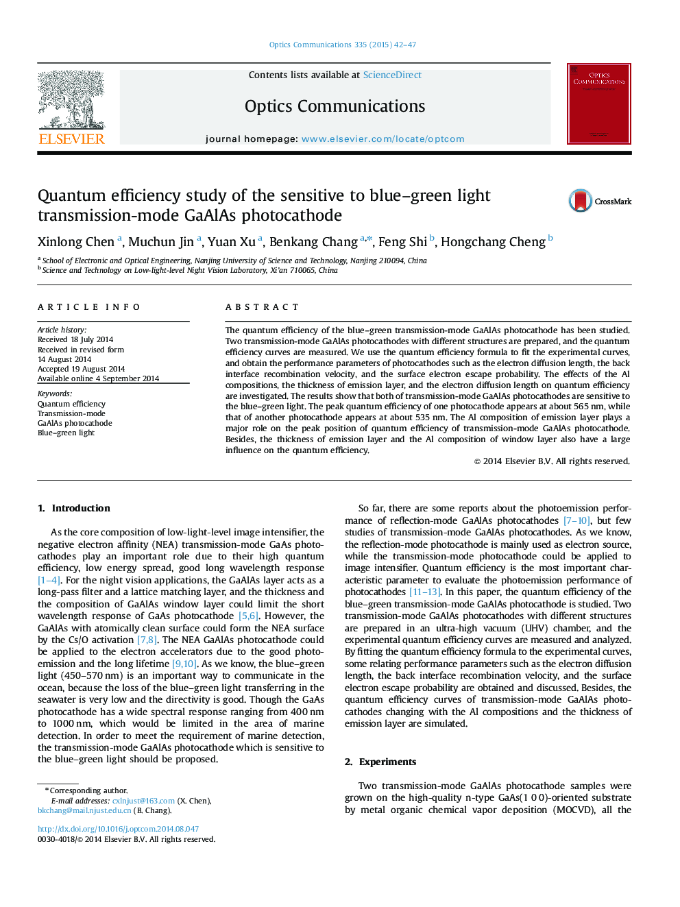 Quantum efficiency study of the sensitive to blue–green light transmission-mode GaAlAs photocathode