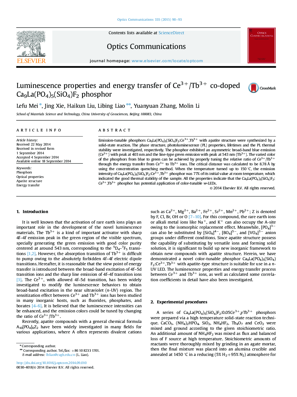 Luminescence properties and energy transfer of Ce3+/Tb3+ co-doped Ca9La(PO4)5(SiO4)F2 phosphor