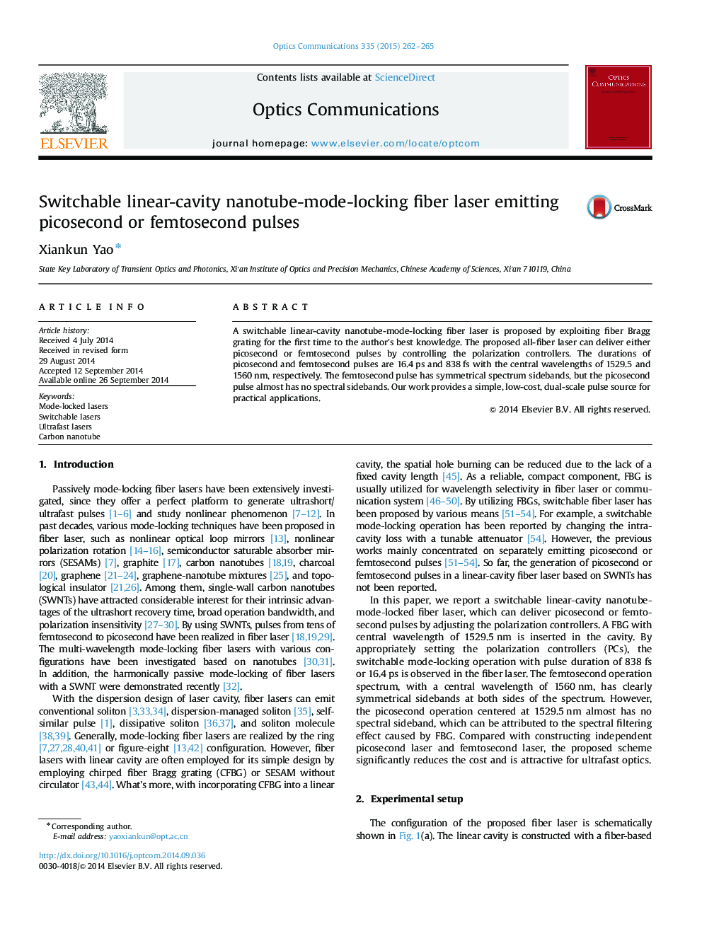 Switchable linear-cavity nanotube-mode-locking fiber laser emitting picosecond or femtosecond pulses