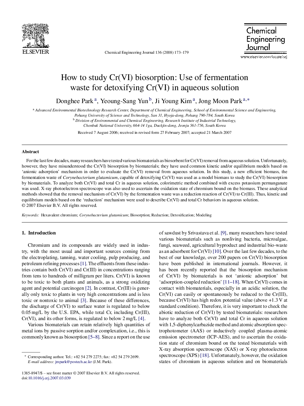 عکس صفحه اول مقاله: How to study Cr(VI) biosorption: Use of fermentation waste for detoxifying Cr(VI) in aqueous solution How to study Cr(VI) biosorption: Use of fermentation waste for detoxifying Cr(VI) in aqueous solution