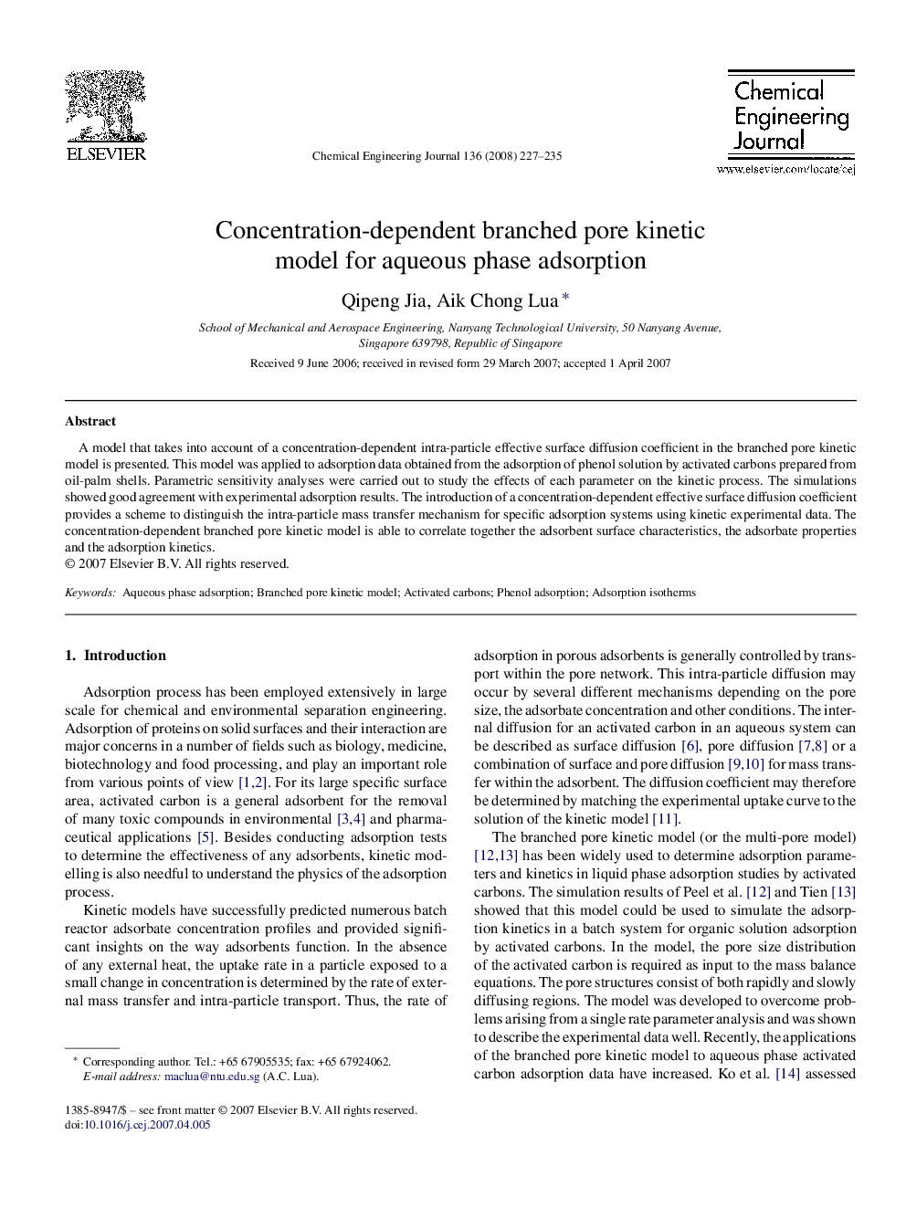 Concentration-dependent branched pore kinetic model for aqueous phase adsorption