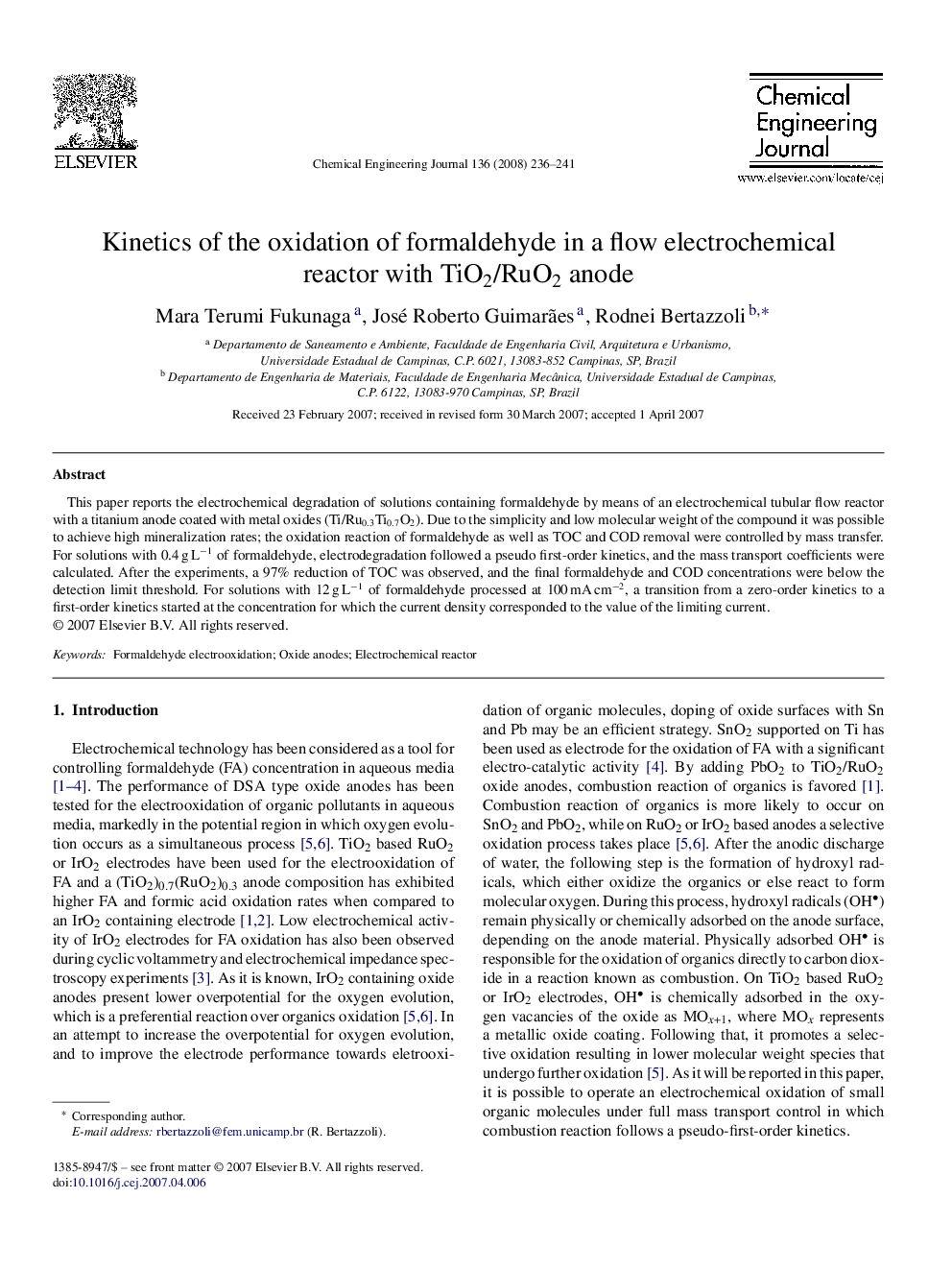 Kinetics of the oxidation of formaldehyde in a flow electrochemical reactor with TiO2/RuO2 anode