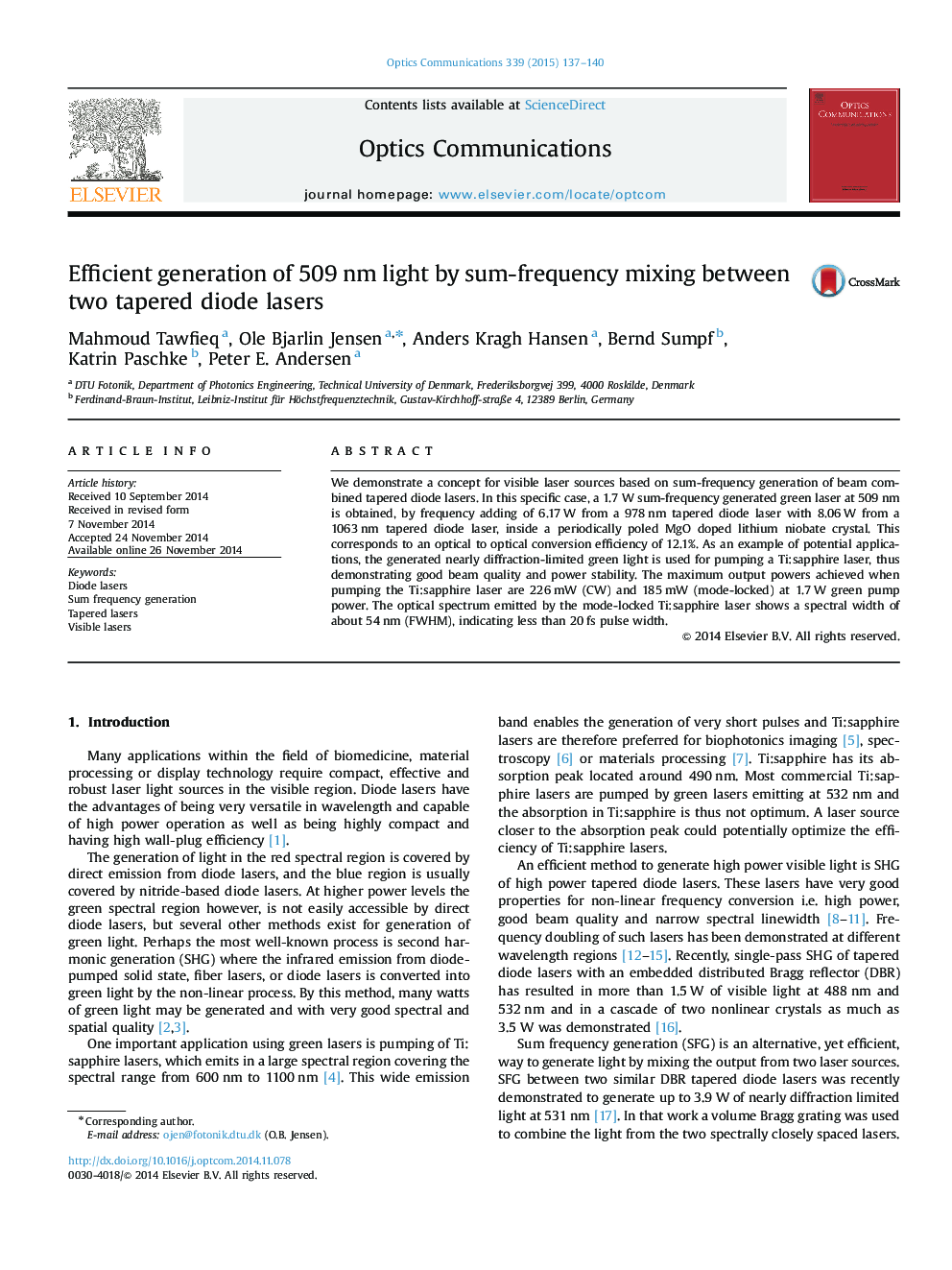 Efficient generation of 509 nm light by sum-frequency mixing between two tapered diode lasers
