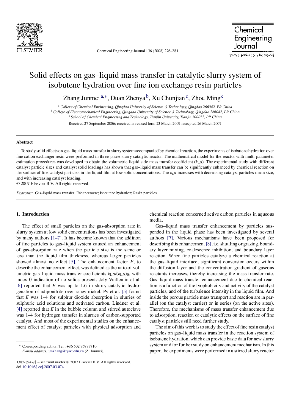 Solid effects on gas–liquid mass transfer in catalytic slurry system of isobutene hydration over fine ion exchange resin particles