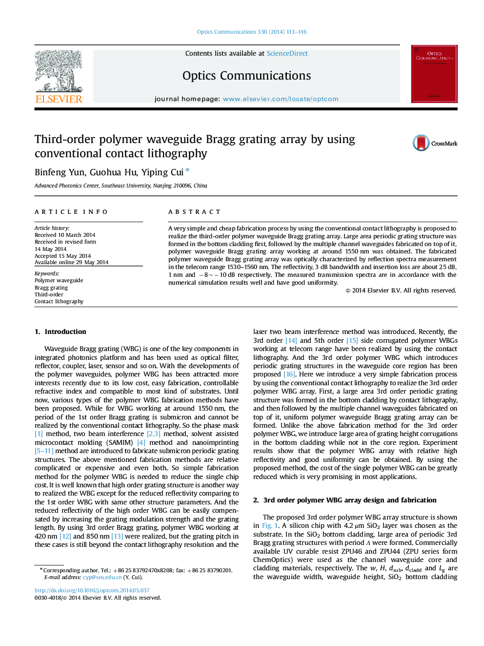 Third-order polymer waveguide Bragg grating array by using conventional contact lithography