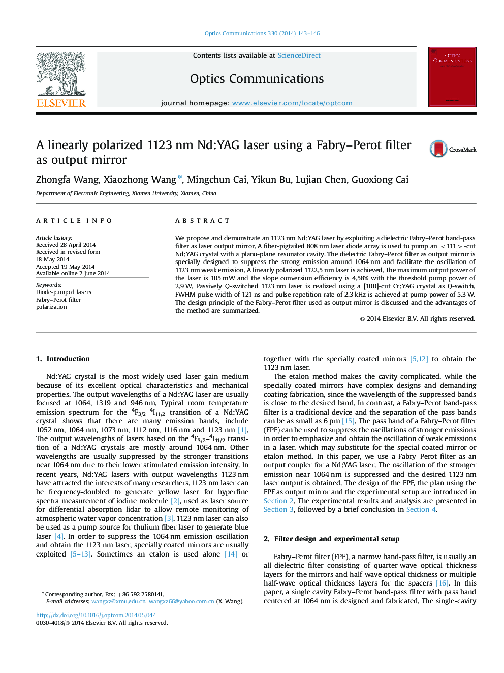 A linearly polarized 1123 nm Nd:YAG laser using a Fabry–Perot filter as output mirror