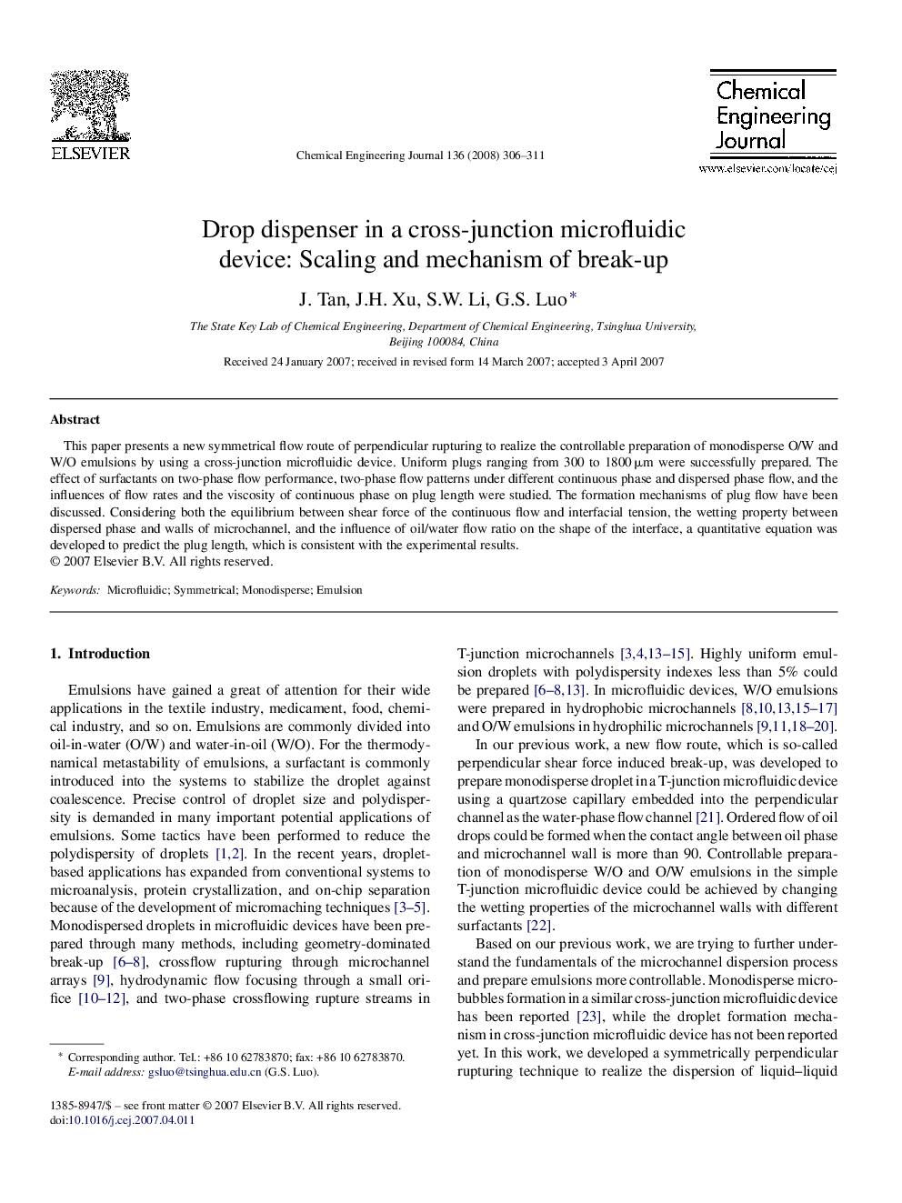 Drop dispenser in a cross-junction microfluidic device: Scaling and mechanism of break-up