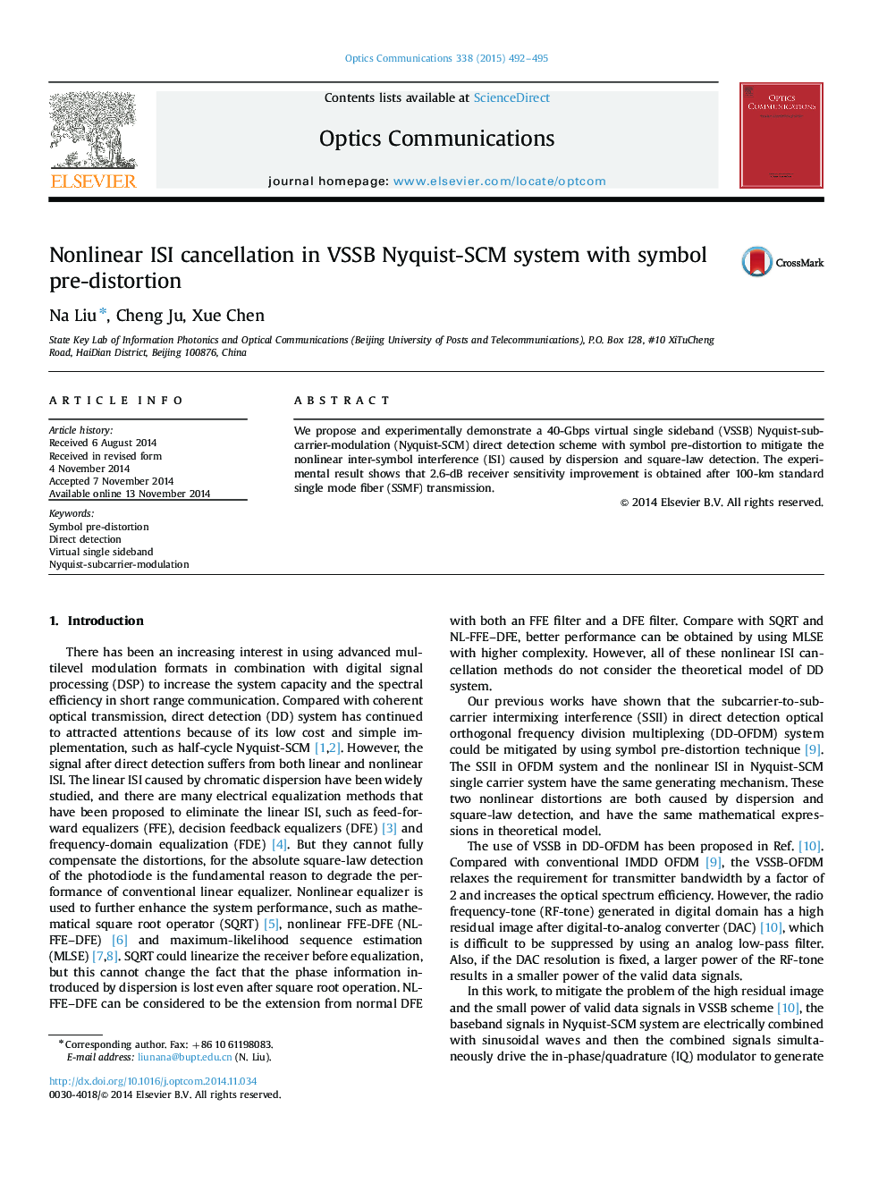 Nonlinear ISI cancellation in VSSB Nyquist-SCM system with symbol pre-distortion