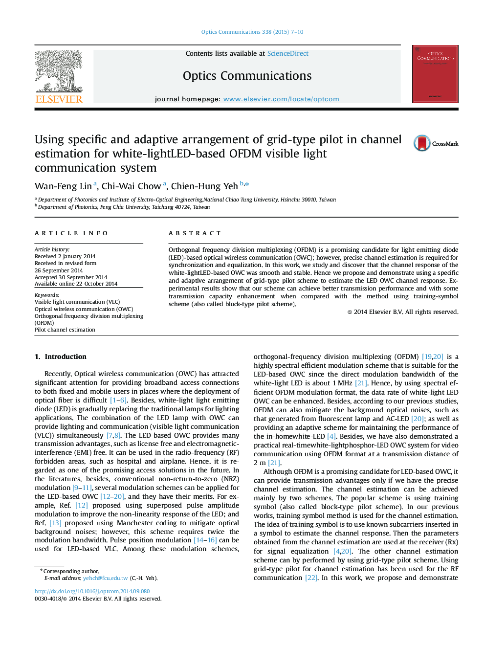 Using specific and adaptive arrangement of grid-type pilot in channel estimation for white-lightLED-based OFDM visible light communication system