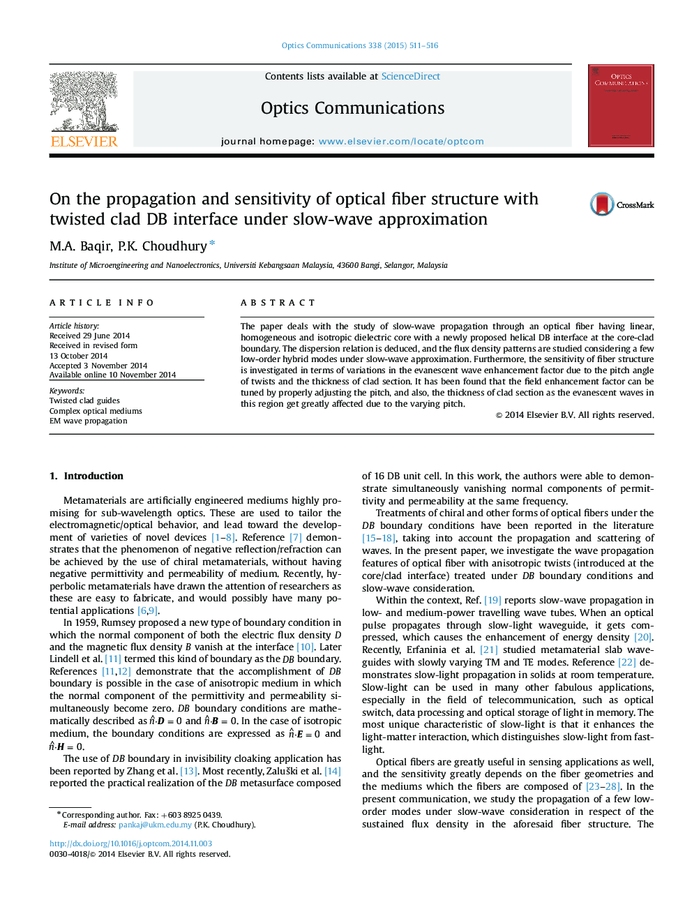 On the propagation and sensitivity of optical fiber structure with twisted clad DB interface under slow-wave approximation