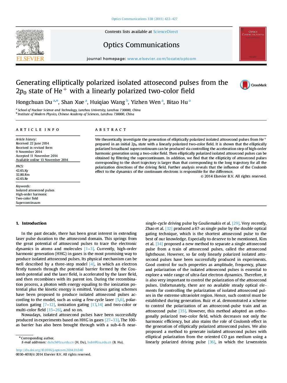 Generating elliptically polarized isolated attosecond pulses from the 2p0 state of He+ with a linearly polarized two-color field