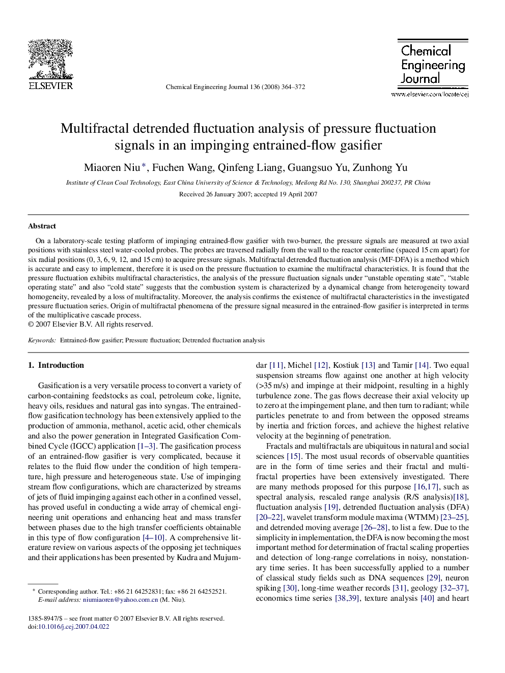 Multifractal detrended fluctuation analysis of pressure fluctuation signals in an impinging entrained-flow gasifier