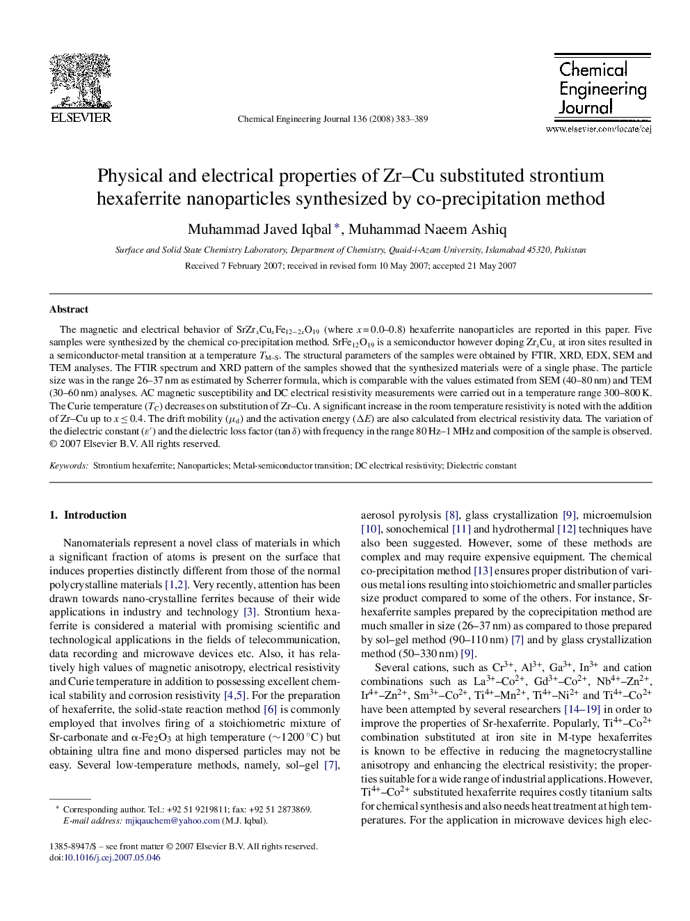 Physical and electrical properties of Zr–Cu substituted strontium hexaferrite nanoparticles synthesized by co-precipitation method