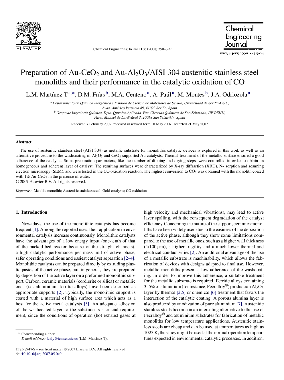 Preparation of Au-CeO2 and Au-Al2O3/AISI 304 austenitic stainless steel monoliths and their performance in the catalytic oxidation of CO