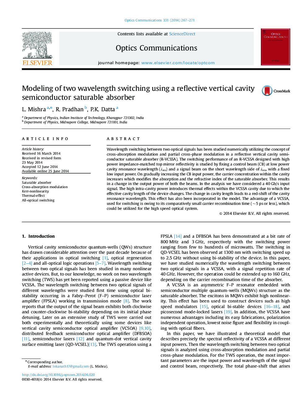 Modeling of two wavelength switching using a reflective vertical cavity semiconductor saturable absorber