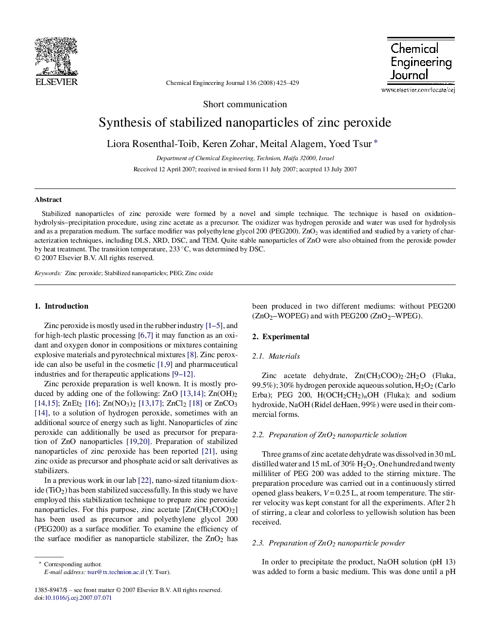 Synthesis of stabilized nanoparticles of zinc peroxide