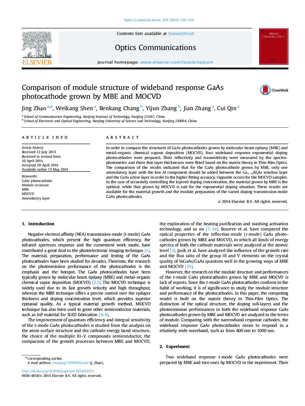 Comparison of module structure of wideband response GaAs photocathode grown by MBE and MOCVD