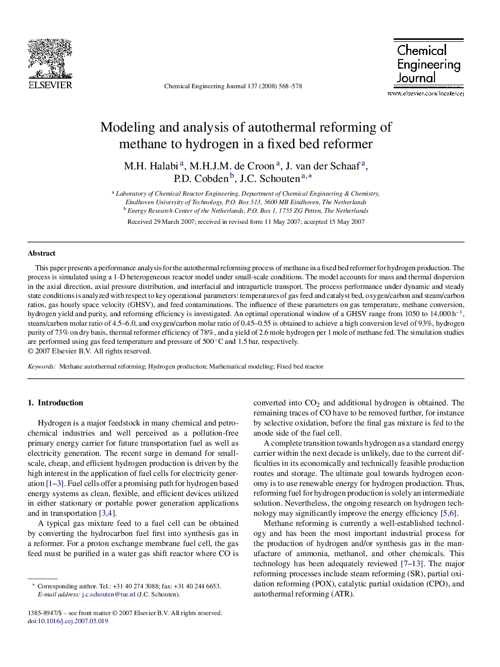 عکس صفحه اول مقاله: Modeling and analysis of autothermal reforming of methane to hydrogen in a fixed bed reformer Modeling and analysis of autothermal reforming of methane to hydrogen in a fixed bed reformer