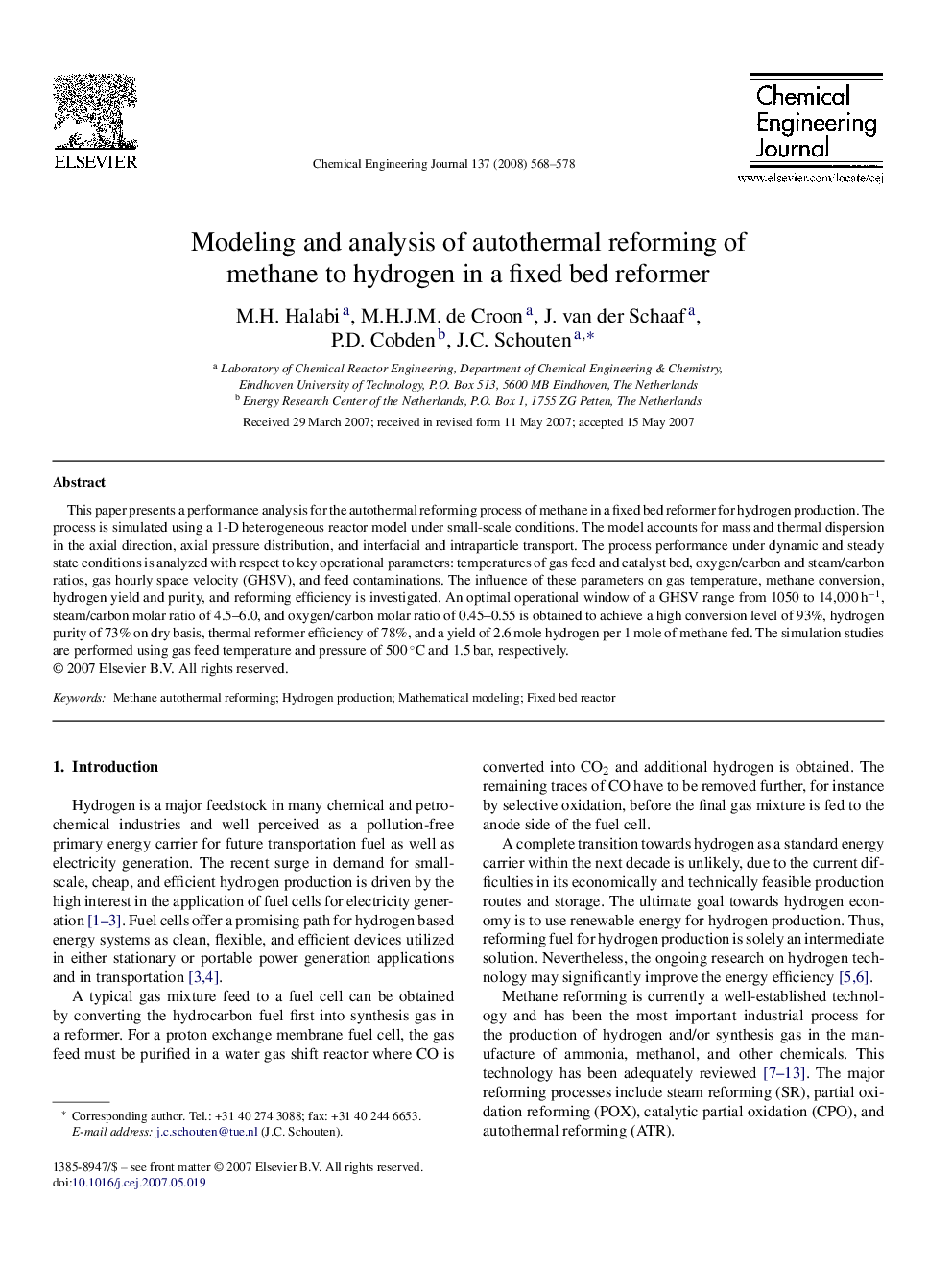 Modeling and analysis of autothermal reforming of methane to hydrogen in a fixed bed reformer