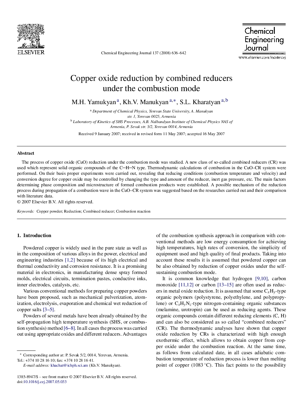 عکس صفحه اول مقاله: Copper oxide reduction by combined reducers under the combustion mode Copper oxide reduction by combined reducers under the combustion mode