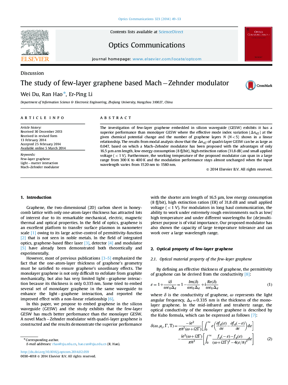 The study of few-layer graphene based Mach−Zehnder modulator