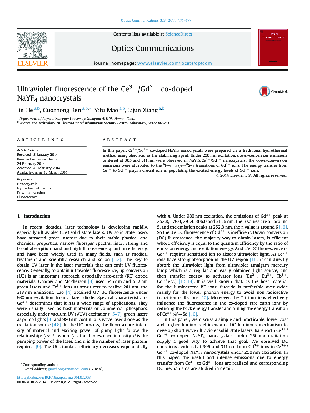 Ultraviolet fluorescence of the Ce3+/Gd3+ co-doped NaYF4 nanocrystals