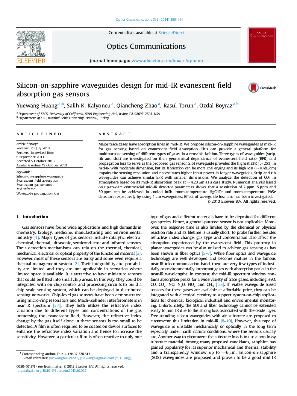 Silicon-on-sapphire waveguides design for mid-IR evanescent field absorption gas sensors