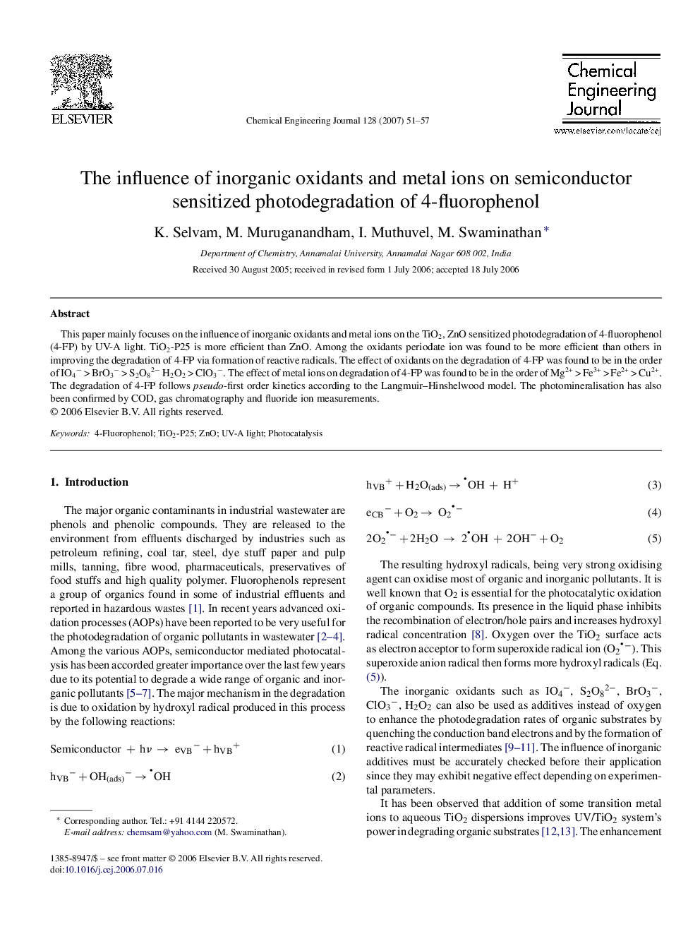 The influence of inorganic oxidants and metal ions on semiconductor sensitized photodegradation of 4-fluorophenol