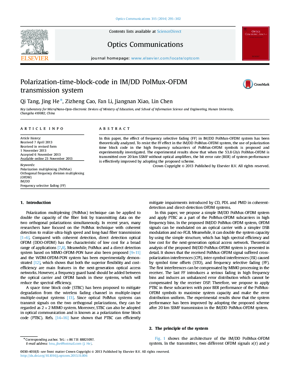 Polarization-time-block-code in IM/DD PolMux-OFDM transmission system