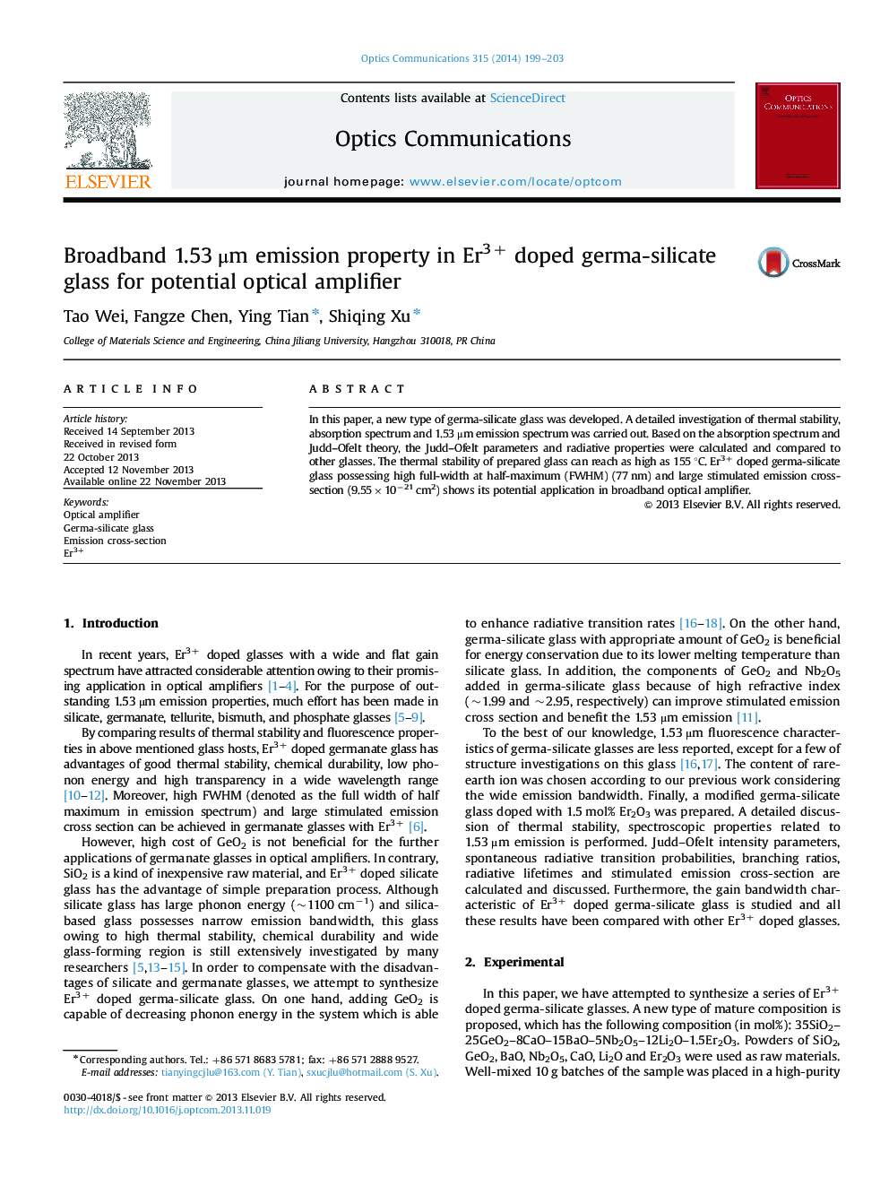 Broadband 1.53 μm emission property in Er3+ doped germa-silicate glass for potential optical amplifier