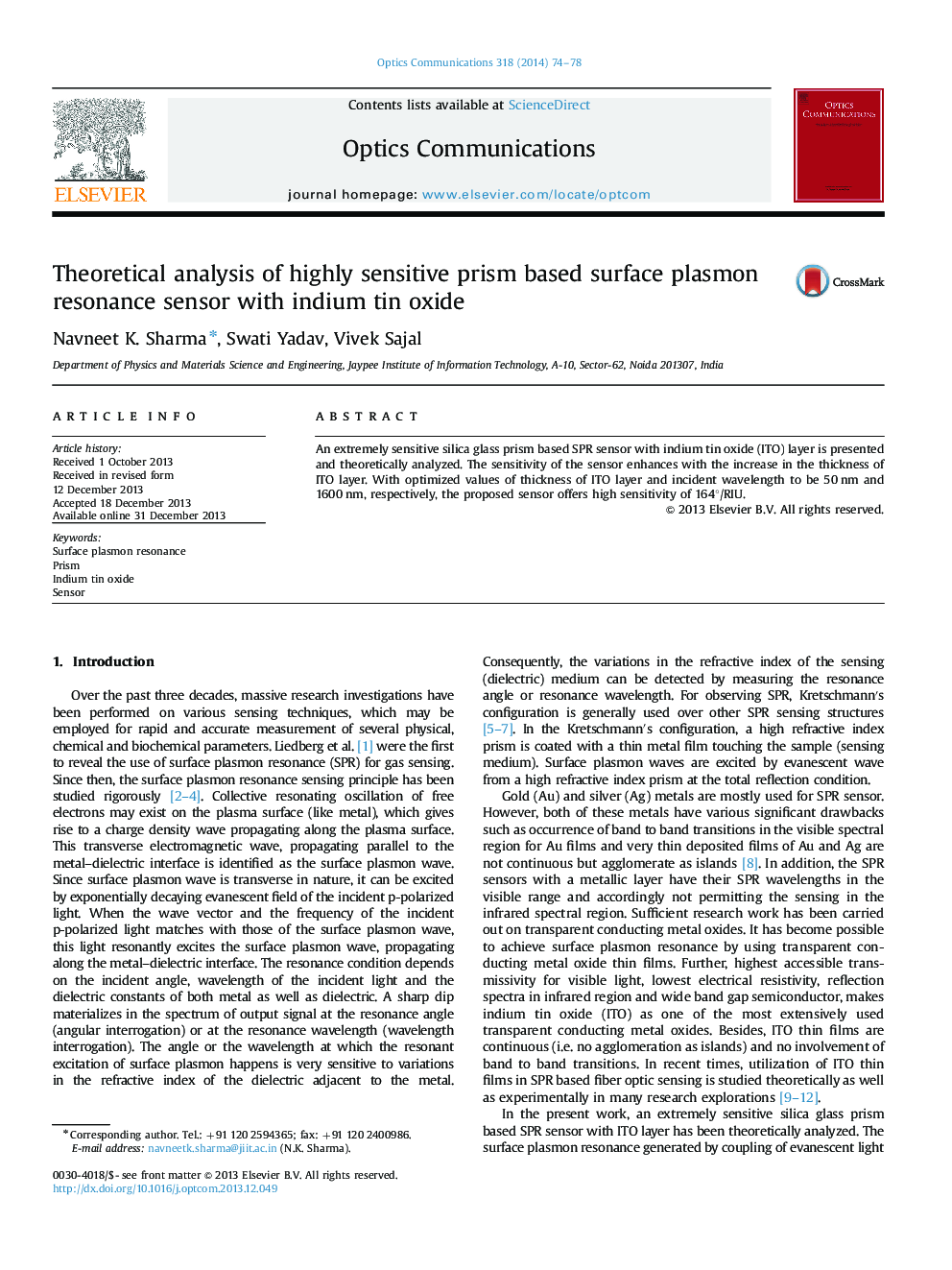 Theoretical analysis of highly sensitive prism based surface plasmon resonance sensor with indium tin oxide