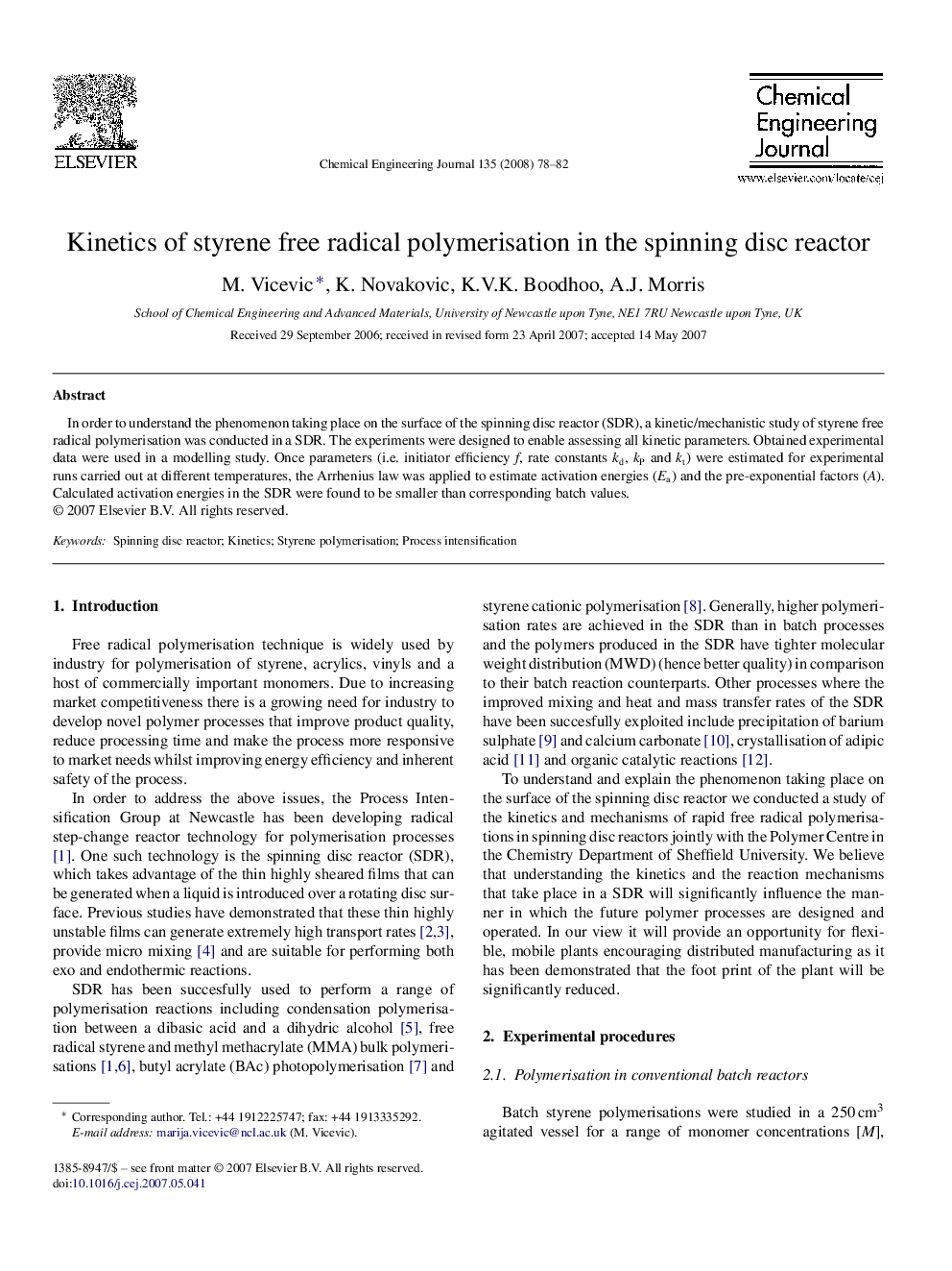 Kinetics of styrene free radical polymerisation in the spinning disc reactor