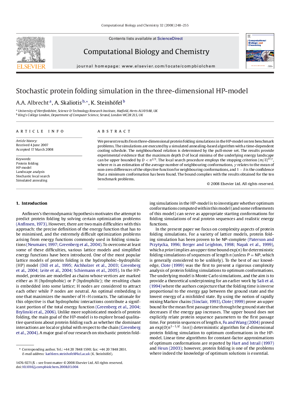 Stochastic protein folding simulation in the three-dimensional HP-model