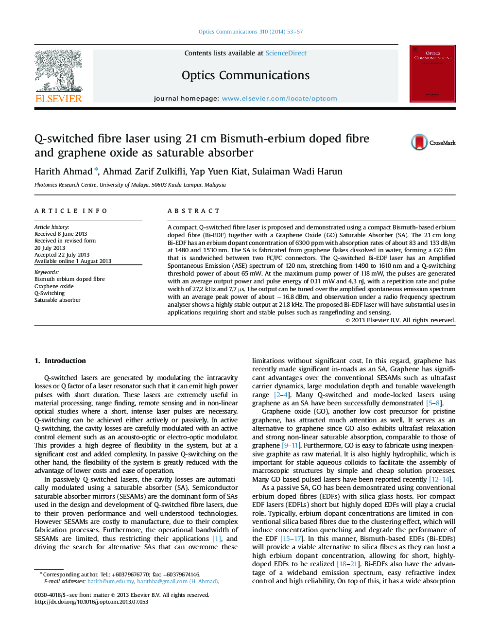 Q-switched fibre laser using 21 cm Bismuth-erbium doped fibre and graphene oxide as saturable absorber