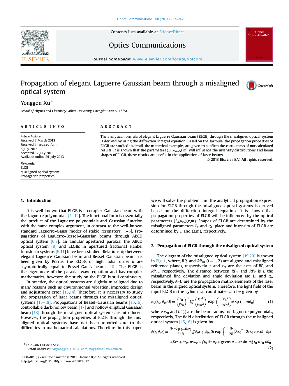 Propagation of elegant Laguerre Gaussian beam through a misaligned optical system