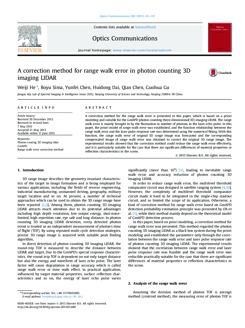 A correction method for range walk error in photon counting 3D imaging LIDAR
