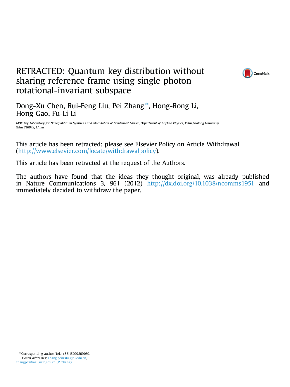RETRACTED: Quantum key distribution without sharing reference frame using single photon rotational-invariant subspace