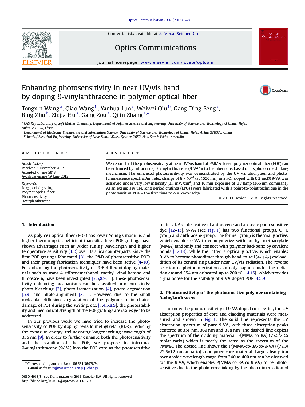 Enhancing photosensitivity in near UV/vis band by doping 9-vinylanthracene in polymer optical fiber