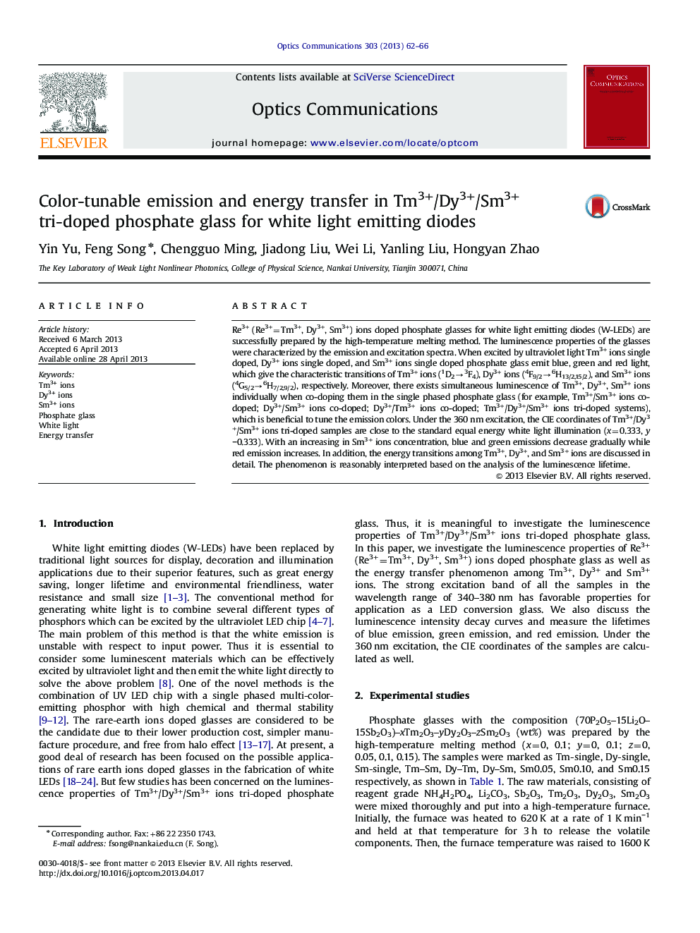 Color-tunable emission and energy transfer in Tm3+/Dy3+/Sm3+ tri-doped phosphate glass for white light emitting diodes