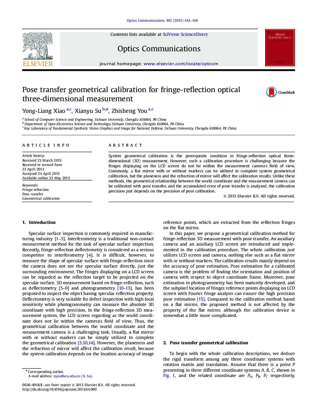 Pose transfer geometrical calibration for fringe-reflection optical three-dimensional measurement