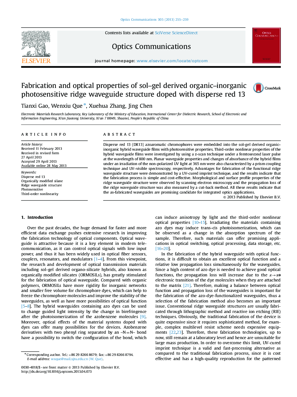 Fabrication and optical properties of sol–gel derived organic–inorganic photosensitive ridge waveguide structure doped with disperse red 13