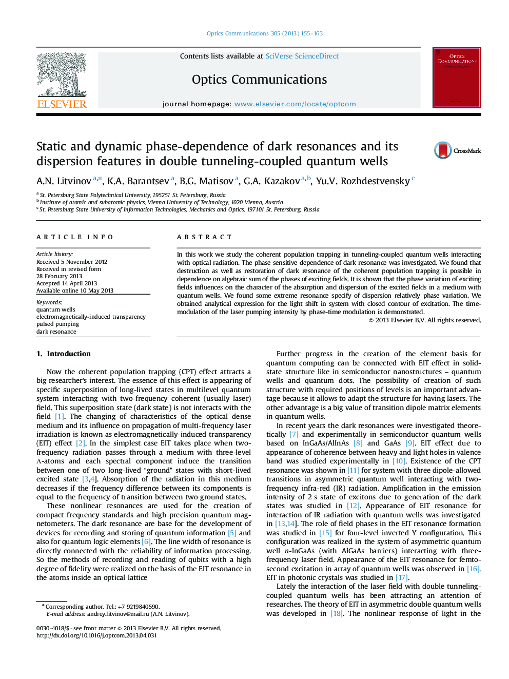 Static and dynamic phase-dependence of dark resonances and its dispersion features in double tunneling-coupled quantum wells