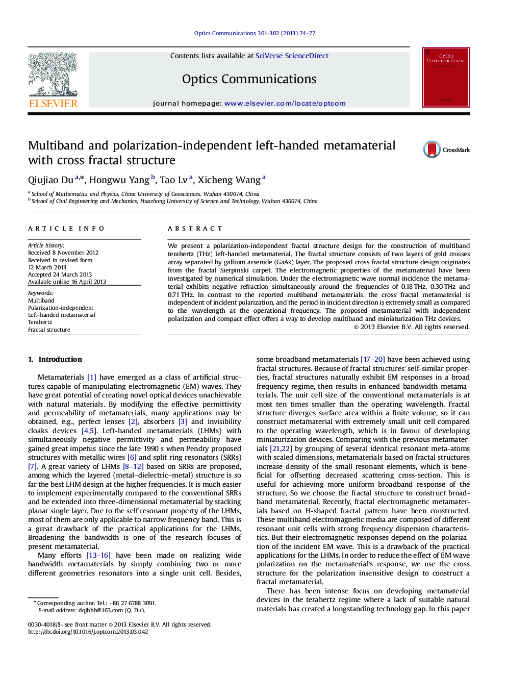 Multiband and polarization-independent left-handed metamaterial with cross fractal structure